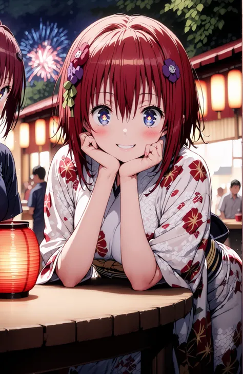 Kurosaki Mea , stupid hair, blue eyes, red hair,long hair,stupid hair,side lock,single bun hair,flower hair ornament with ears, red flower pattern kimono,Medium breast,smile,blush,grinning,Light up fireworks,Japanese stalls ,Red Lantern,standing,crowd,in t...