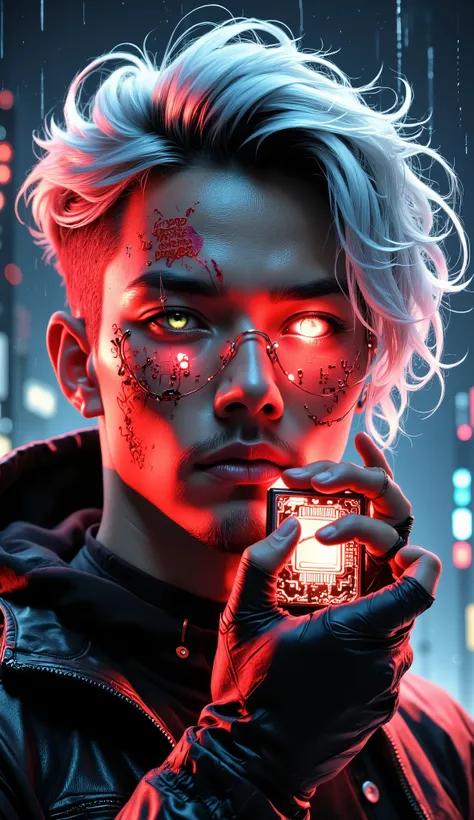 (MASTERPIECE, PHOTOREALISM, 8K, macro lens, cinematic cyberpunk lighting),
Extreme close-up of a male in late 20s with:
**Facial Circuitry:**
- Glowing red PCB patterns etched into skin, with visible:
▸ Microchip-like nodes pulsating rhythmically
▸ ...