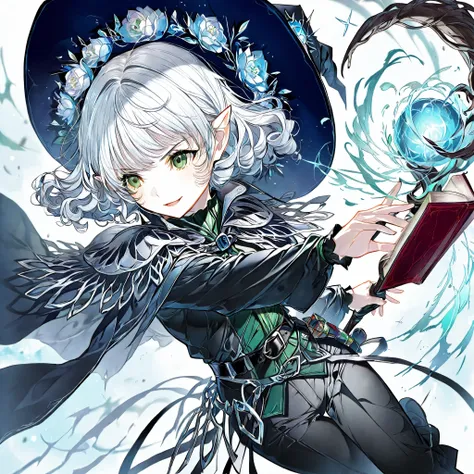 Solo,￼￼ elf, female, silver hair, short hair, medium cut, curly hair, green eyes,slender, flower shop penta witch's pointed hat, frozen flower penta wizard costume, pants, fair skin, annoyance, raise right hand, belt, waste set red book, cool emotion, cool...