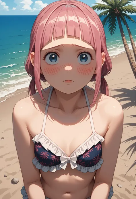 score_9, score_8_up, score_7_up, solo source_anime, makeruyadano, makeru yadano, long hair, bangs, ponytail, pink hair, twintails, blunt bangs, blue eyes, frilly swimsuit, frilly bikini, on a sandy beech, palm trees, ocean, sunshine, shy, blush, looking at...