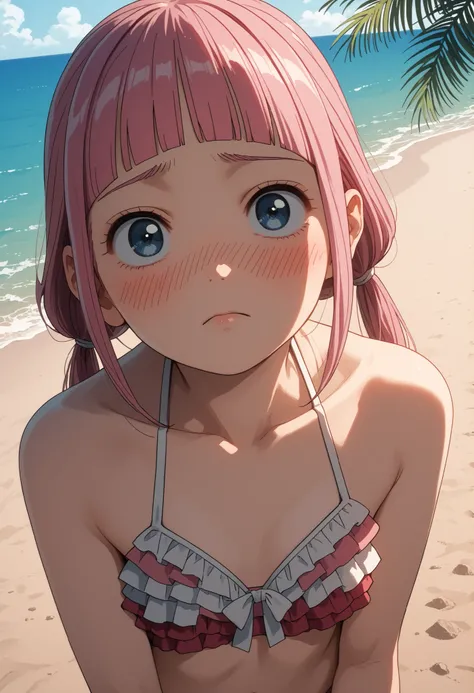 score_9, score_8_up, score_7_up, solo source_anime, makeruyadano, makeru yadano, long hair, bangs, ponytail, pink hair, twintails, blunt bangs, blue eyes, frilly swimsuit, frilly bikini, on a sandy beech, palm trees, ocean, sunshine, shy, blush, looking at...