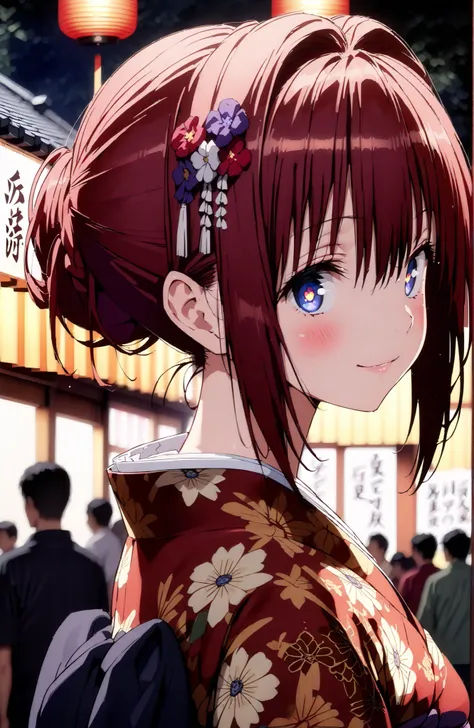 Kurosaki Mea ,solo, stupid hair, blue eyes, red hair,long hair,stupid hair,side lock,single bun hair,Nape,flower hair ornament with ears, red flower pattern kimono,Medium breast,smile,blush,grinning,Light up fireworks,Japanese stalls ,Red Lantern,standing,...