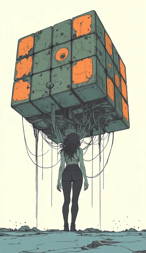 Back view of a woman standing in front of a giant Rubik's cube, Otomo Katsuhiro, Kilian Eng. Moebius, Inspired by Chris Ware , Emiliano Ponzi , Shintaro Kago, Moebiusの象徴的なスタイルで, Moebiusにインスパイアされた, white background、