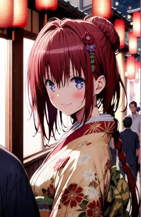 Kurosaki Mea ,solo, stupid hair, blue eyes, red hair,long hair,stupid hair,side lock,single bun hair,Nape,flower hair ornament with ears, red flower pattern kimono,Medium breast,smile,blush,grinning,Light up fireworks,Japanese stalls ,Red Lantern,standing,...