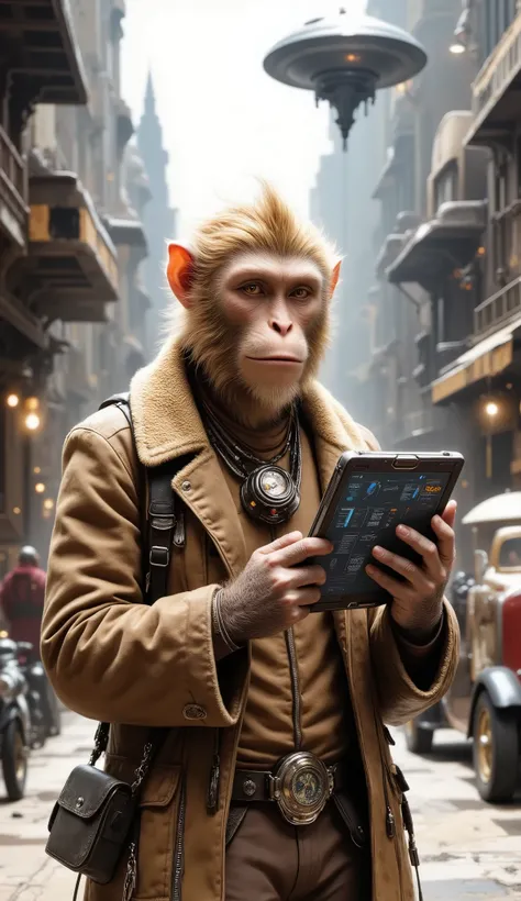 Depict a monkey standing in a bustling street that blends multiple time periods—ancient stone architecture, 1920s cars, and futuristic hovercraft coexist. The monkey, a time-traveling historian, wears a sleek chronometer device around its neck and holds a ...