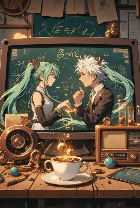 ( masterpiece、 best quality、 best quality、、 beautiful beautiful :1.2) Hatsune Miku、light green twin tails, beautiful breasts,アルバート・アインシュタインとHatsune Mikuの対話,What you hold in your hand over the monitor screen、floats inside a coffee cup with an E=gold part...