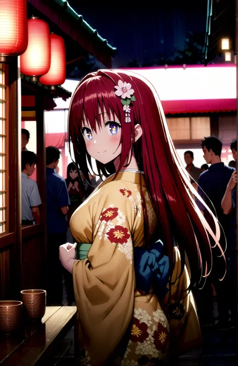 Kurosaki Mea ,solo, stupid hair, blue eyes, red hair,long hair,stupid hair,side lock,single bun hair,Nape,flower hair ornament with ears, red flower pattern kimono,Medium breast,smile,blush,grinning,Light up fireworks,Japanese stalls ,Red Lantern,standing,...