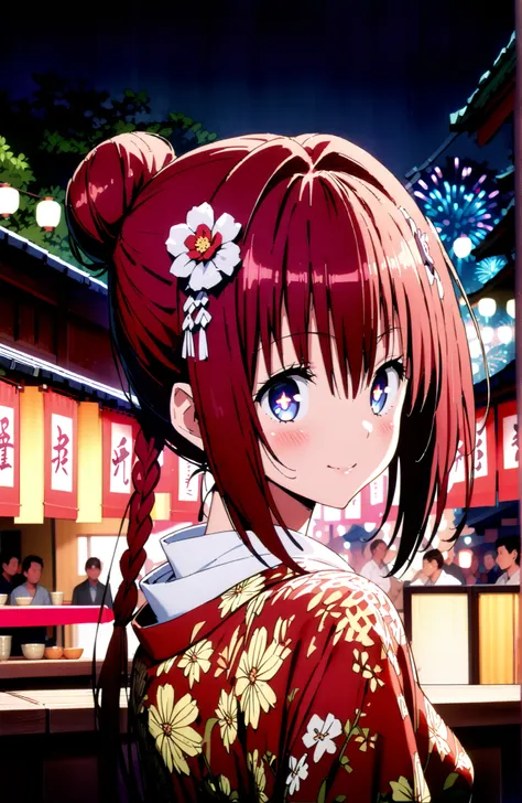 Kurosaki Mea ,solo, stupid hair, blue eyes, red hair,long hair,stupid hair,side lock,single bun hair,Nape,flower hair ornament with ears, red flower pattern kimono,Medium breast,smile,blush,grinning,Light up fireworks,Japanese stalls ,Red Lantern,standing,...