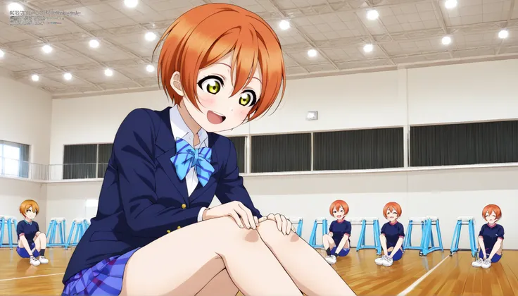 1girl,hoshizora rin, striped, short hair, blush, otonokizaka school uniform, open mouth, smile, lovelive_rin black blazer, blue plaid skirt, blue stripe bowtie, orange hair, very short hair, hair between eyes, yellow green eyes,sitting on the floor graspin...