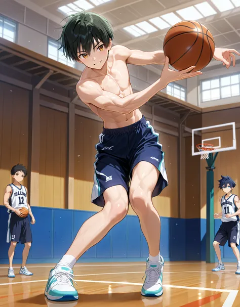 masterpiece, best quality, Ultra High Resolution, anime style, male focus, Basketball match, japanese boy, high school students, playing a basketball, Dynamic Capture, very handsome, Perfect Face, Cute Face, Clear and beautiful detailed eyes, black short h...