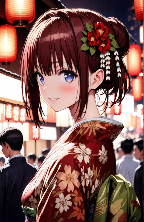 Kurosaki Mea ,solo, stupid hair, blue eyes, red hair,stupid hair,side lock,single bun hair,Nape,flower hair ornament with ears, red flower pattern kimono,Medium breast,smile,blush,grinning,Light up fireworks,Japanese stalls ,Red Lantern,standing,crowd,in t...