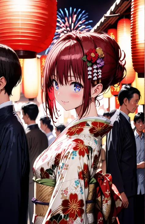 Kurosaki Mea ,solo, stupid hair, blue eyes, red hair,stupid hair,side lock,single bun hair,Nape,flower hair ornament with ears, red flower pattern kimono,Medium breast,smile,blush,grinning,Light up fireworks,Japanese stalls ,Red Lantern,standing,crowd,in t...