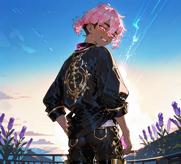 tanned mixed-race black skinned young man with freckles, glowing clear glossy skin, short curly fluffy lavender and salmon pink hair , black trimmed undercut taper sides and back behind hair, and sky blue neon eyes, wearing black GI baggy tech modern shi...