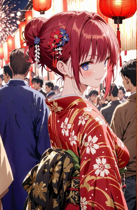 score_9, score_8_up, score_7_up, source_anime,Kurosaki Mea ,solo, stupid hair, blue eyes, red hair,stupid hair,side lock,single bun hair,Nape,flower hair ornament with ears, red flower pattern kimono,Medium breast,smile,blush,grinning,Light up fireworks,Ja...