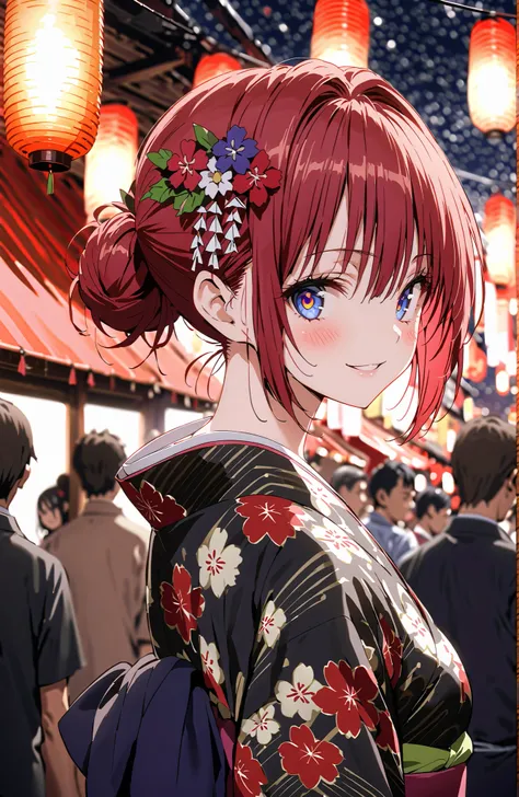 score_9, score_8_up, score_7_up, source_anime,Kurosaki Mea ,solo, stupid hair, blue eyes, red hair,stupid hair,side lock,single bun hair,Nape,flower hair ornament with ears, red flower pattern kimono,Medium breast,smile,blush,grinning,Light up fireworks,Ja...