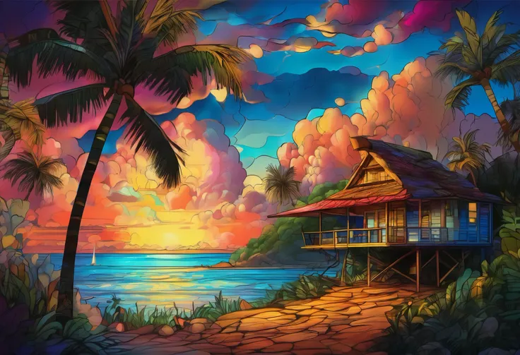 stained glass style、Tropical Island Hut and Palm Tree Paintings, Highly detailed digital painting , Beautiful art illustrations , Highly detailed digital painting , landscape, Moody Cartoon Scenes , Hurricane Storm Clouds , Max Dosendi, Highly deta...