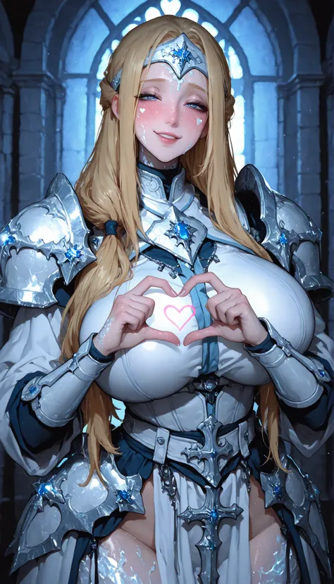 A Female,SOLO,Perfect body,Huge Oppai, (blonde hair, hair over shoulder, half updo), White Crystal Forehead Protector, Blue eyes,, Wearing A White Crystal Knight Armor,Torogao, seductive smile,(Heart Hands),In Holy temple,full blush,Moonlight,Midnigt UHD, ...