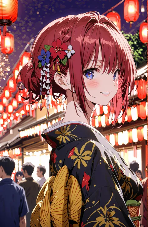 score_9, score_8_up, score_7_up, source_anime,Kurosaki Mea ,solo, stupid hair, blue eyes, red hair,stupid hair,side lock,single bun hair,Nape,flower hair ornament with ears, red flower pattern kimono,Medium breast,smile,blush,grinning,Light up fireworks,Ja...