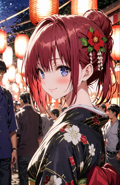 score_9, score_8_up, score_7_up, source_anime,Kurosaki Mea ,solo, stupid hair, blue eyes, red hair,stupid hair,side lock,single bun hair,Nape,flower hair ornament with ears, red flower pattern kimono,Medium breast,smile,blush,grinning,Light up fireworks,Ja...