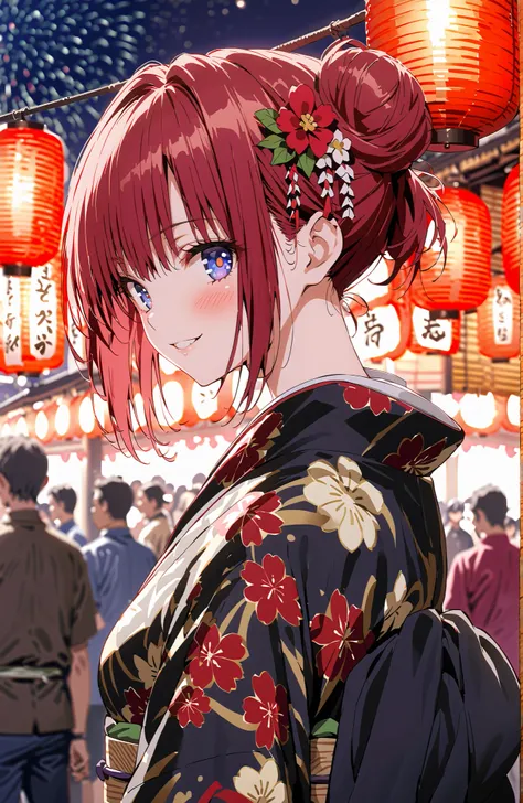 score_9, score_8_up, score_7_up, source_anime,Kurosaki Mea ,solo, stupid hair, blue eyes, red hair,stupid hair,side lock,single bun hair,Nape,flower hair ornament with ears, red flower pattern kimono,Medium breast,smile,blush,grinning,Light up fireworks,Ja...