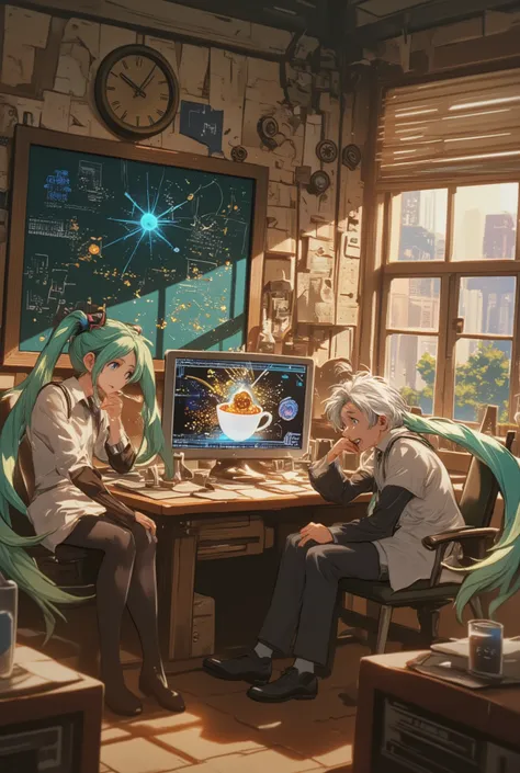 ( masterpiece、 best quality、 best quality、、 beautiful beautiful :1.2) Hatsune Miku、light green twin tails, beautiful breasts,年老いたアルバート・アインシュタインとHatsune Mikuの対話,What you hold in your hand over the monitor screen、floats inside a coffee cup with an E=gold ...
