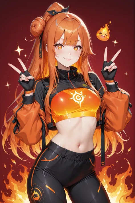 ((masterpiece, best quality, anime style, ultra-detailed)), (1girl, solo, human), (young female, age 17–19, energetic build, sparkling amber-orange eyes:1.4, bright playful smile, cheerful glowing expression, warm fair skin), (vivid orange hair:1.6, tied u...