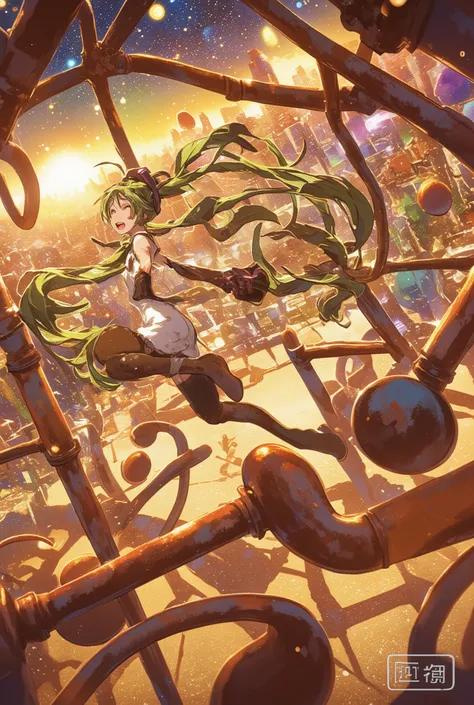 ( masterpiece、 best quality、 best quality、、 beautiful beautiful :1.2) Hatsune Miku、light green twin tails, beautiful breasts, olive illustration {x} illustration with brown as the main color, Winnipeg , universe, I'm so happy , cocoa brown illustratio...