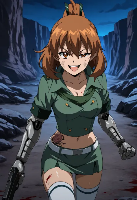 masterpiece, best quality, newest, solo, 1girl, s3ryu, mechanical arms, injury, dirty, blood, crazy smile, teeth, looking at viewer, fighting stance, clenched hands, long hair, brown hair, ponytail, brown eyes, uneven eyes, v-shaped eyebrows, short dress, ...