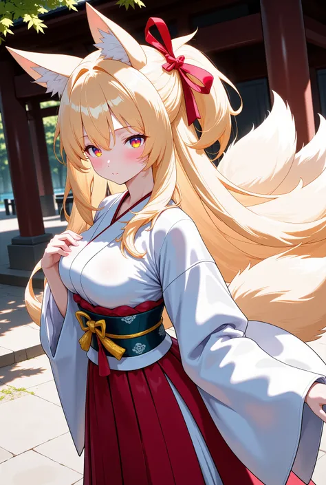 ((masterpiece, top quality,Masterpiece, High quality of art, best quality, best details, anime, cute), score_9, score_8_up, score_7_up, source_anime, best quality, masterpiece, 1girl, fox girl, multiple tails, blonde hair, very long hair, miko, japanese c...