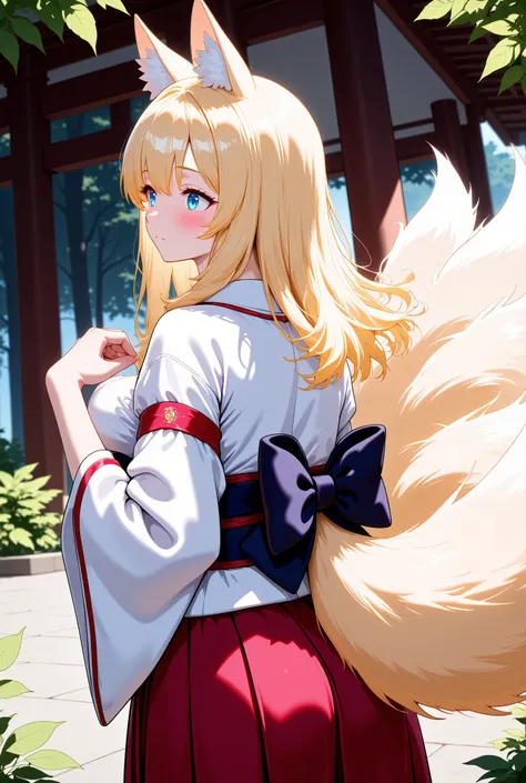 ((masterpiece, top quality,Masterpiece, High quality of art, best quality, best details, anime, cute), score_9, score_8_up, score_7_up, source_anime, best quality, masterpiece, 1girl, fox girl, multiple tails, blonde hair, very long hair, miko, japanese c...