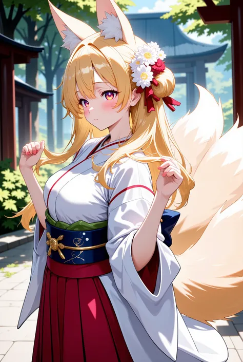 ((masterpiece, top quality,Masterpiece, High quality of art, best quality, best details, anime, cute), score_9, score_8_up, score_7_up, source_anime, best quality, masterpiece, 1girl, fox girl, multiple tails, blonde hair, very long hair, miko, japanese c...