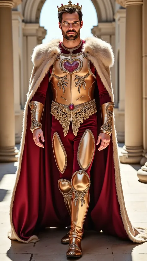 Henry Cavill reimagined as King of Hearts walking and holding a golden scepter, dramatic atmosphere, 1 male, full figure, full body,
Short, slightly wavy chestnut-brown hair neatly combed back. A trimmed beard. His blue eyes are sharp and noble. A royal ...