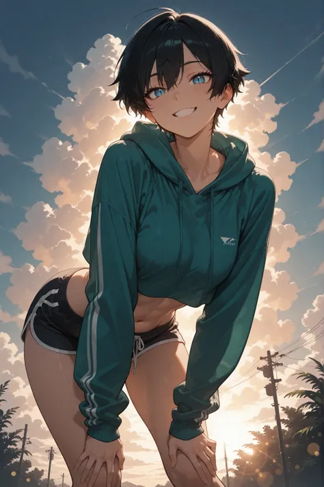 masterpiece, best quality, amazing quality, newest, very aesthetic, 1girl, from below, short hair, black hair, tomboy, slit pupils, blue eyes, grin, cropped hoodie, dolphin shorts, navel, toned female, leaning forward, hands on own knees, outdoors, sky, cl...