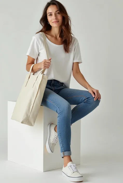 A beautiful Italian woman, Sitting on a white block wearing a loose t-shirt, tight jeans and (Vans® sneakers), holding one holding a white cloth bag, holding a raw cloth bag, square bag,  Sustainable Materials , flat bag, holding an ecological bag, realist...