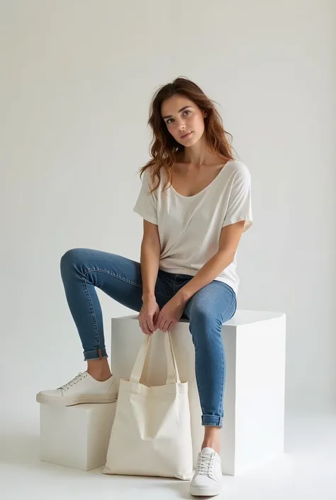 A beautiful Italian woman, Sitting on a white block wearing a loose t-shirt, tight jeans and (Vans® sneakers), holding one holding a white cloth bag, holding a raw cloth bag, square bag,  Sustainable Materials , flat bag, holding an ecological bag, realist...