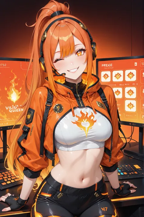 ((masterpiece, best quality, anime style, ultra-detailed)), (1girl, solo, human), (young female, age 17–19, energetic and cute build, glowing amber-orange eyes:1.4, wide playful smile, cheerful expression, warm fair skin), (bright orange hair:1.6, tied in ...