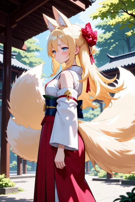 ((masterpiece, top quality,Masterpiece, High quality of art, best quality, best details, anime, cute), score_9, score_8_up, score_7_up, source_anime, best quality, masterpiece, 1girl, fox girl, multiple tails, blonde hair, very long hair, miko, japanese c...
