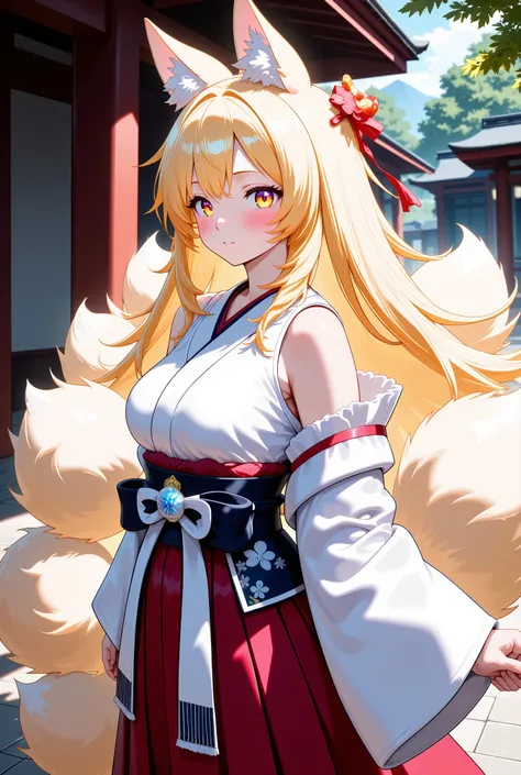 ((masterpiece, top quality,Masterpiece, High quality of art, best quality, best details, anime, cute), score_9, score_8_up, score_7_up, source_anime, best quality, masterpiece, 1girl, fox girl, multiple tails, blonde hair, very long hair, miko, japanese c...
