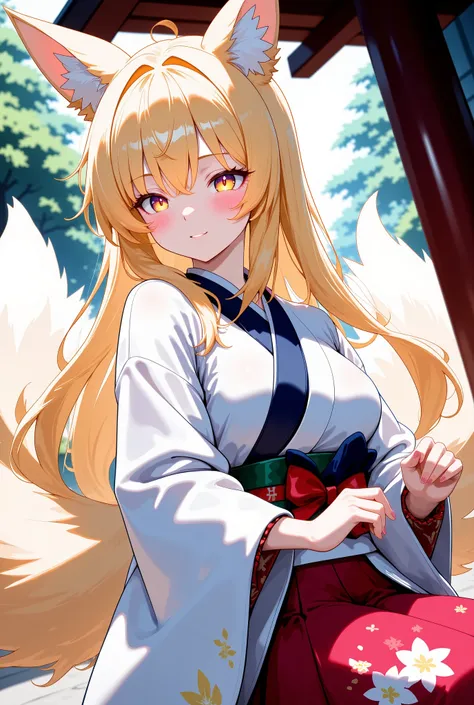 ((masterpiece, top quality,Masterpiece, High quality of art, best quality, best details, anime, cute), score_9, score_8_up, score_7_up, source_anime, best quality, masterpiece, 1girl, fox girl, multiple tails, blonde hair, very long hair, miko, japanese c...