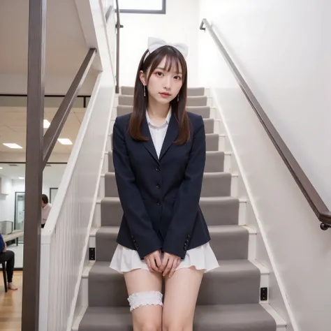 best image quality、score_9, score_8_ up 、masterpiece、(from below:1.5)、1 Japanese girl、high school girl、uniform、blazer、miniskirt、panties with DECOR、(Thighs:1.4)、(pee:1.5)、at the top of the stairs、station