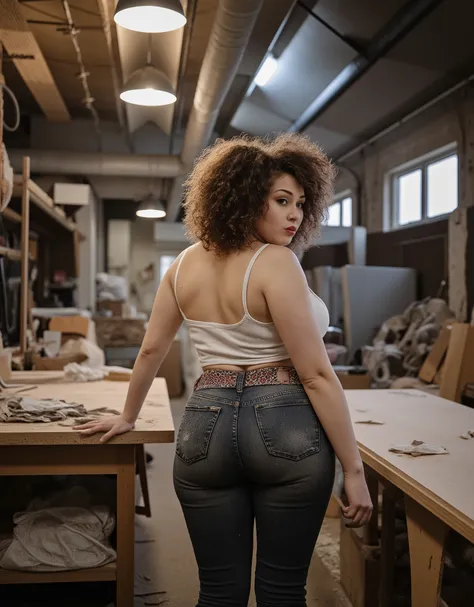A highly realistic, editorial-style scene captured with the raw, tactile quality of European industrial cinema. A voluptuous, curly-haired woman is standing in a dusty woodworking workshop, leaning slightly over a cluttered wooden bench. She wears a semi-t...