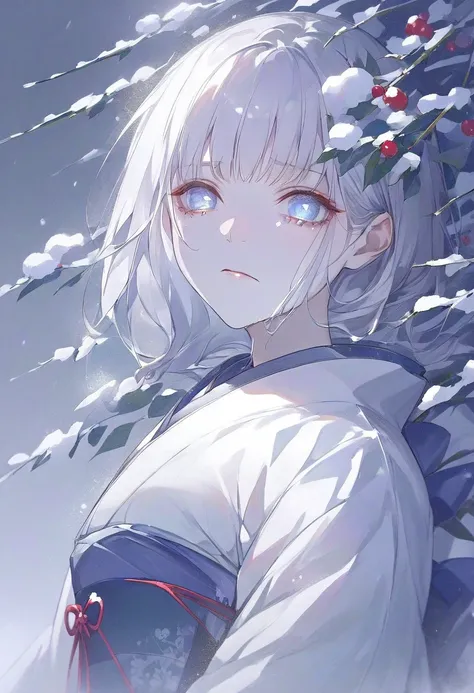 Snow Woman。 kimono。In a snowstorm、一人立つ kimonoの少女。staring at the camera with a sad expression。her body is shining faintly。