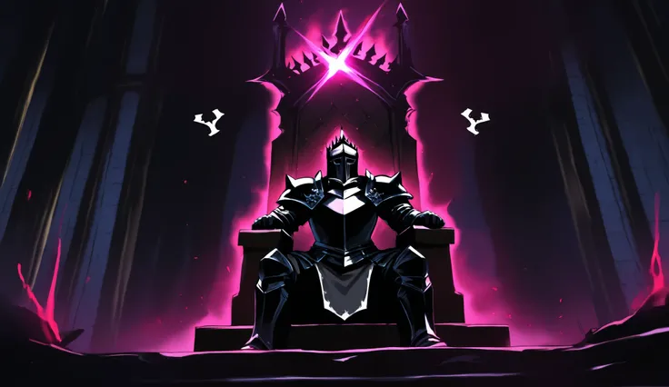 a black knight with menacing aura the theme is dark fantasy and color palette is dark , the knight is sitting on a majestic castle throne and is making some kind of pose