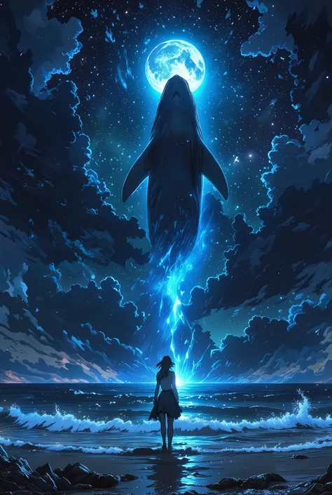 a gigant whale and some marine animals flying in the night sky,a girl looking up at the sky,photorealistic, 8K, hyper-detailed, cinematic lighting, dramatic atmospheric lighting, night sky, starry night, full moon, shooting stars, glowing moon, vast ocean,...