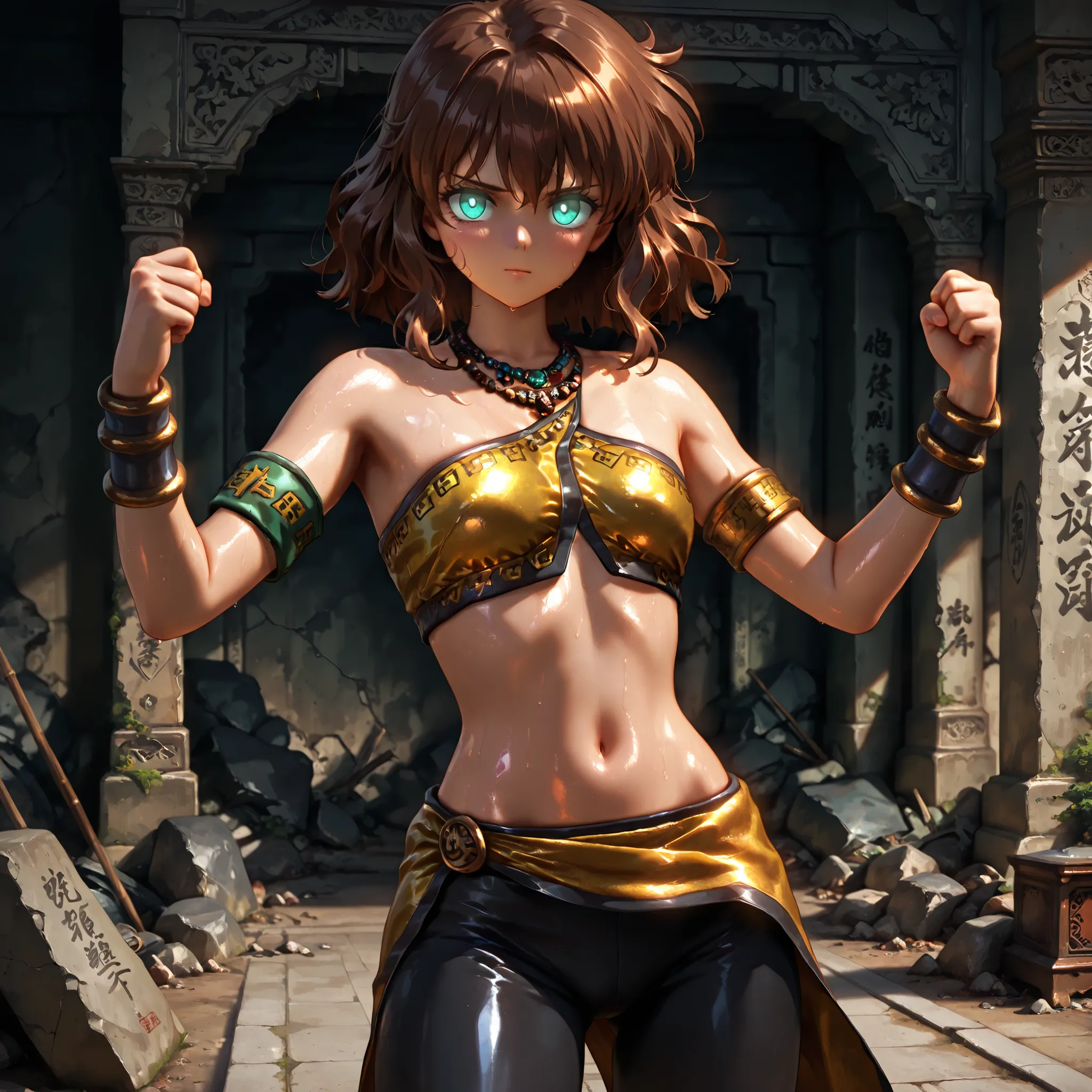 masterpiece, amazing quality, best quality, ultra-detailed, 8K, illustration, clear skin, ultra-detailed-eyes, soft skin, very awa, very as2, shiny skin, shiny hair, soft body, 90's style, official art, 1girl, brown hair, medium hair, wavy hair, teal eyes,...