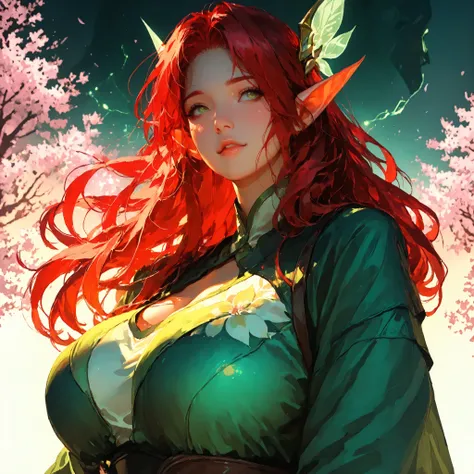 1 girl, solo, score_9, score_8_up, score_7_up, source_anime, TakashiroHiroko ,(!!sharp long elfs ears!!, !! red hair!!, !!long hair!!, separete bang), long elf ears, Extremely detailed, ambient soft lighting, 4k, perfect green eyes, a perfect face, perfec...