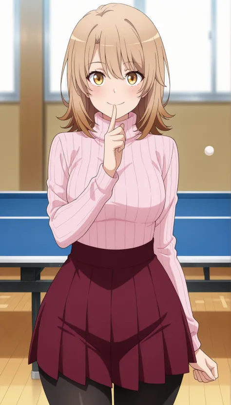 anime screencap, masterpiece, best quality,

1girl, solo, closed mouth, smile, blush, t, open eyes , shinny eyes 
medium hair, multicolored hair, light brown hair, brown hair, yellow eyes, hair between eyes, wide hips , closed legs 
turtleneck sweater, rib...