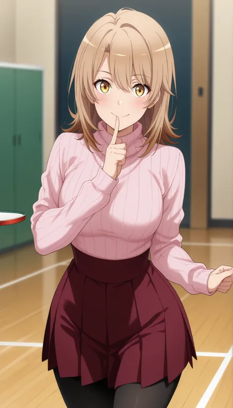 anime screencap, masterpiece, best quality,

1girl, solo, closed mouth, smile, blush, t, open eyes , shinny eyes 
medium hair, multicolored hair, light brown hair, brown hair, yellow eyes, hair between eyes, wide hips , closed legs , full body 
turtleneck ...