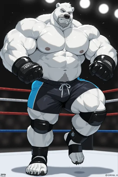 huge muscular polar bear at ZPD's gym, big strength, polar bear, huge white fur, thick arm, huge arm, added thick gray mustache, added thick gray beard. Short white hair, (thick muscular, pectoral, wide pectoral, thick arms), 220cm weight: 254kg, gray eyeb...