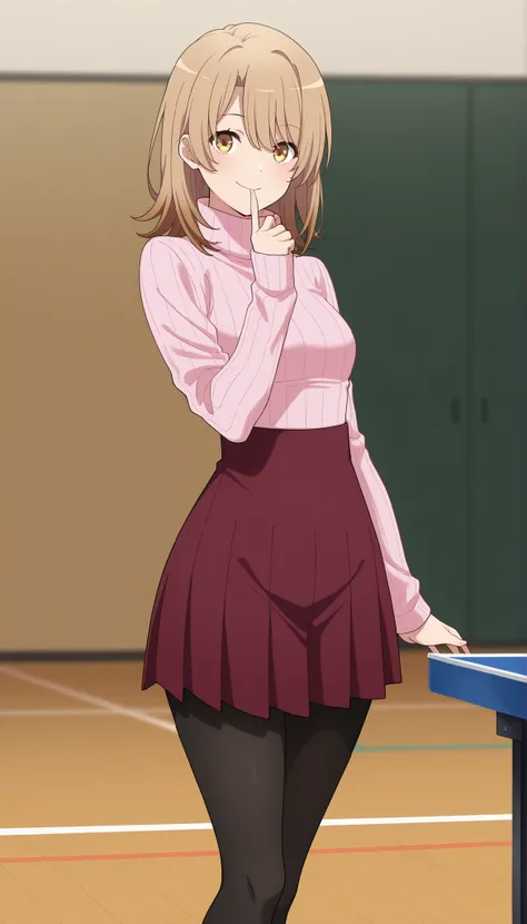 anime screencap, masterpiece, best quality,

1girl, solo, closed mouth, smile, blush, t, open eyes , shinny eyes 
medium hair, multicolored hair, light brown hair, brown hair, yellow eyes, hair between eyes, wide hips , closed legs , full body 
turtleneck ...
